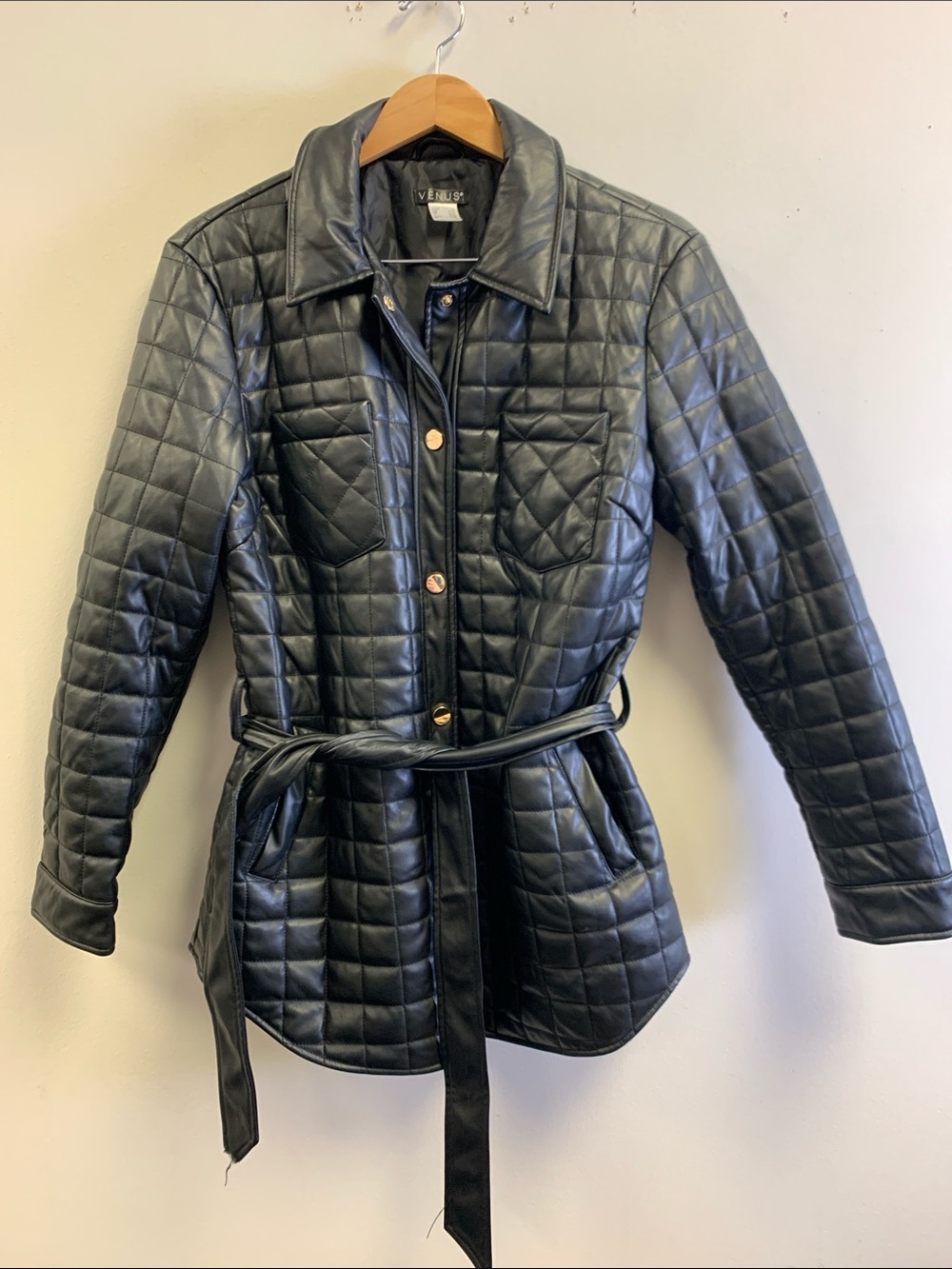 VENUS Black Faux-Leather Belted Classic Coat